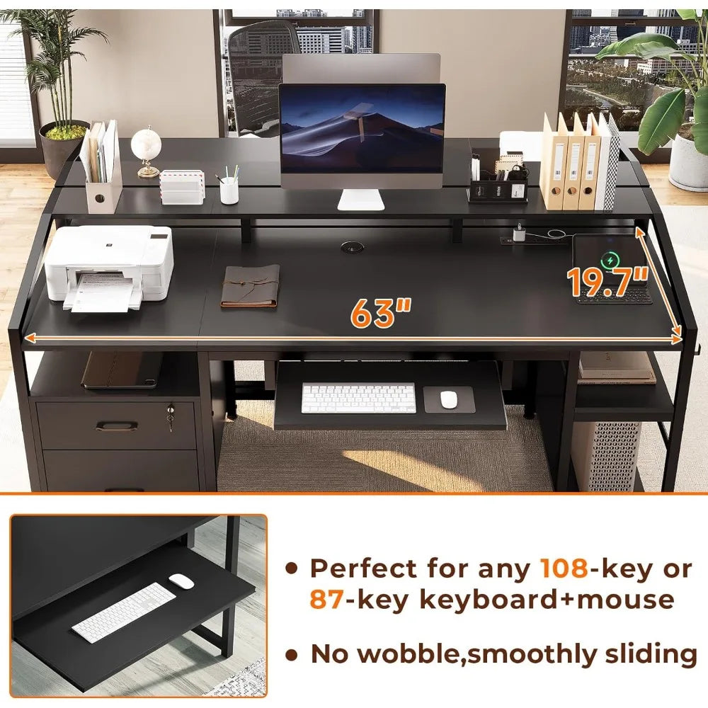 63" Computer Desk, Office Desk with Lockable Drawers for Legal/Letter File, Gaming Desk with LED Lights & Power Outlet