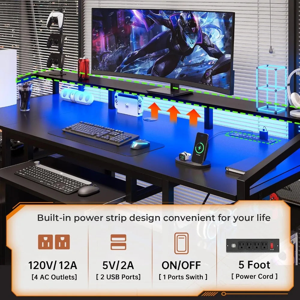 63" Computer Desk, Office Desk with Lockable Drawers for Legal/Letter File, Gaming Desk with LED Lights & Power Outlet