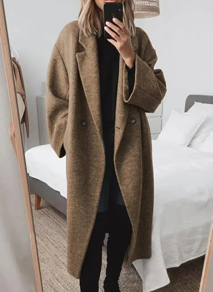 Women's Winter Double Breasted faux wool Coat Long Sleeve Notch Lapel Long Trench Coat